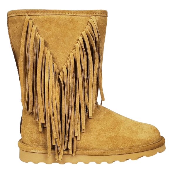 New Bearpaw Cherilyn suede fringe winter boots iced coffee wool blend fur pull - Picture 10 of 16
